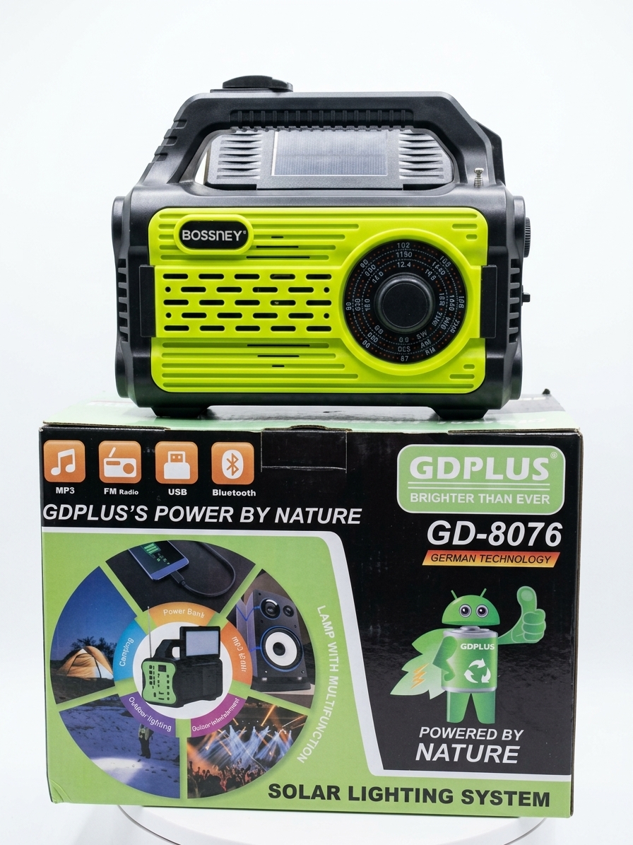 سیستم روشنایی و خورشیدی جی‌دی پلاس (GDPLUS) مدل GD-8076 به همراه رادیو اسپیکر بلوتوثی BOSSNEY ‌