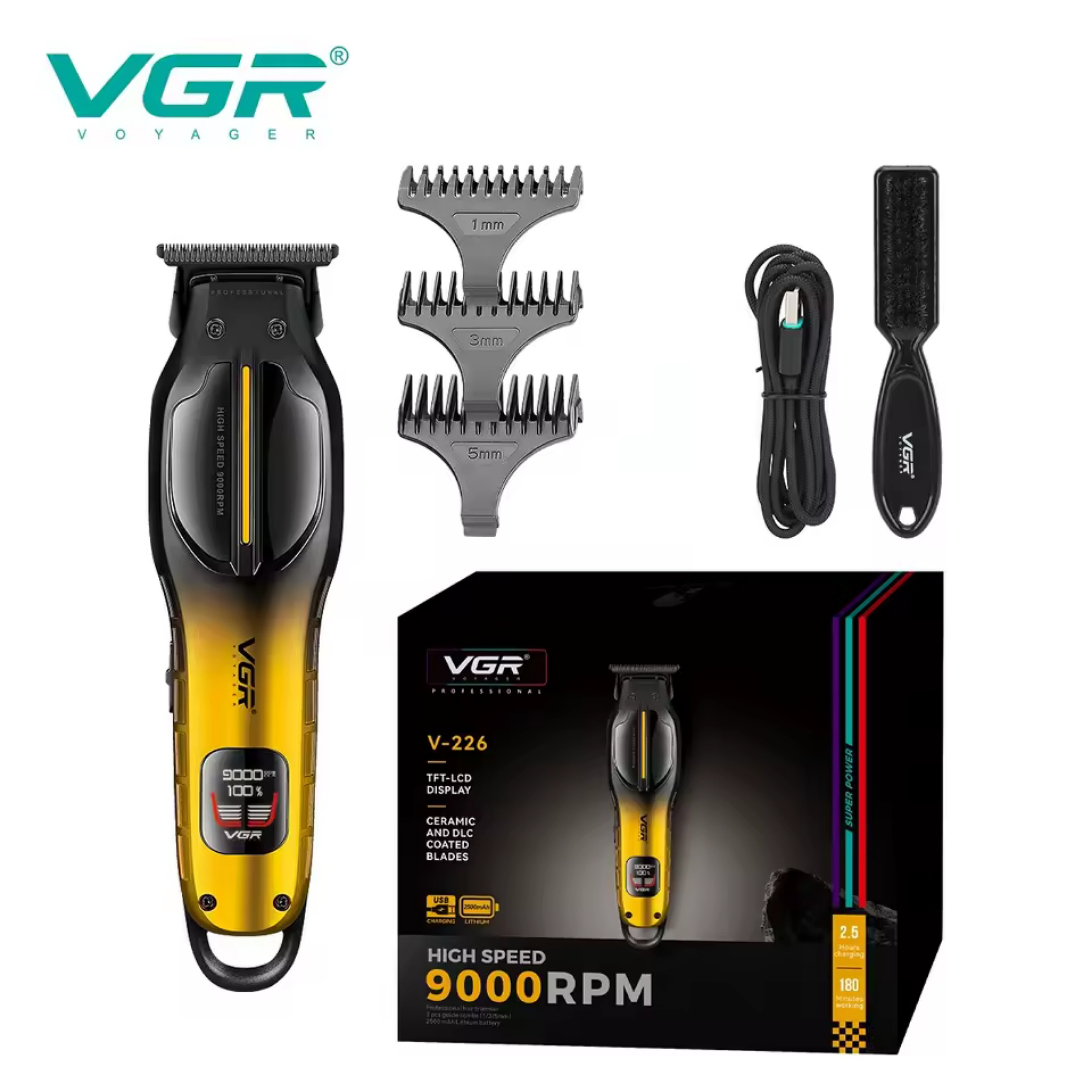 ماشین اصلاح و خط‌زن حرفه‌ای وی جی آر (VGR) مدل V-226 - موتور سوپر توربو ۹۰۰۰ دور - تیغه سرامیکی و DLC