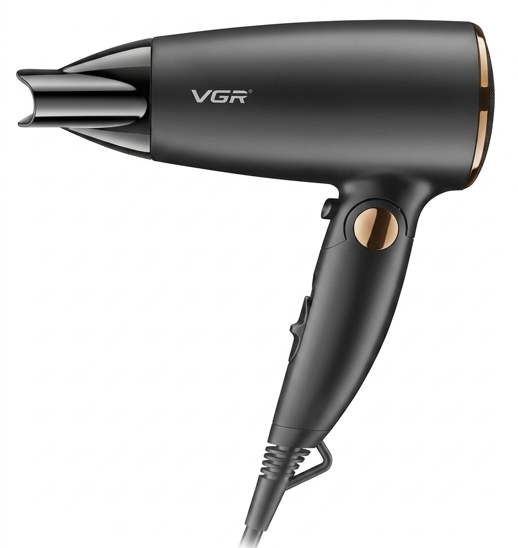 سشوار مسافرتی تاشو وی جی آر مدل V-439 موتور DC توان 1600 وات رنگ مشکی مات