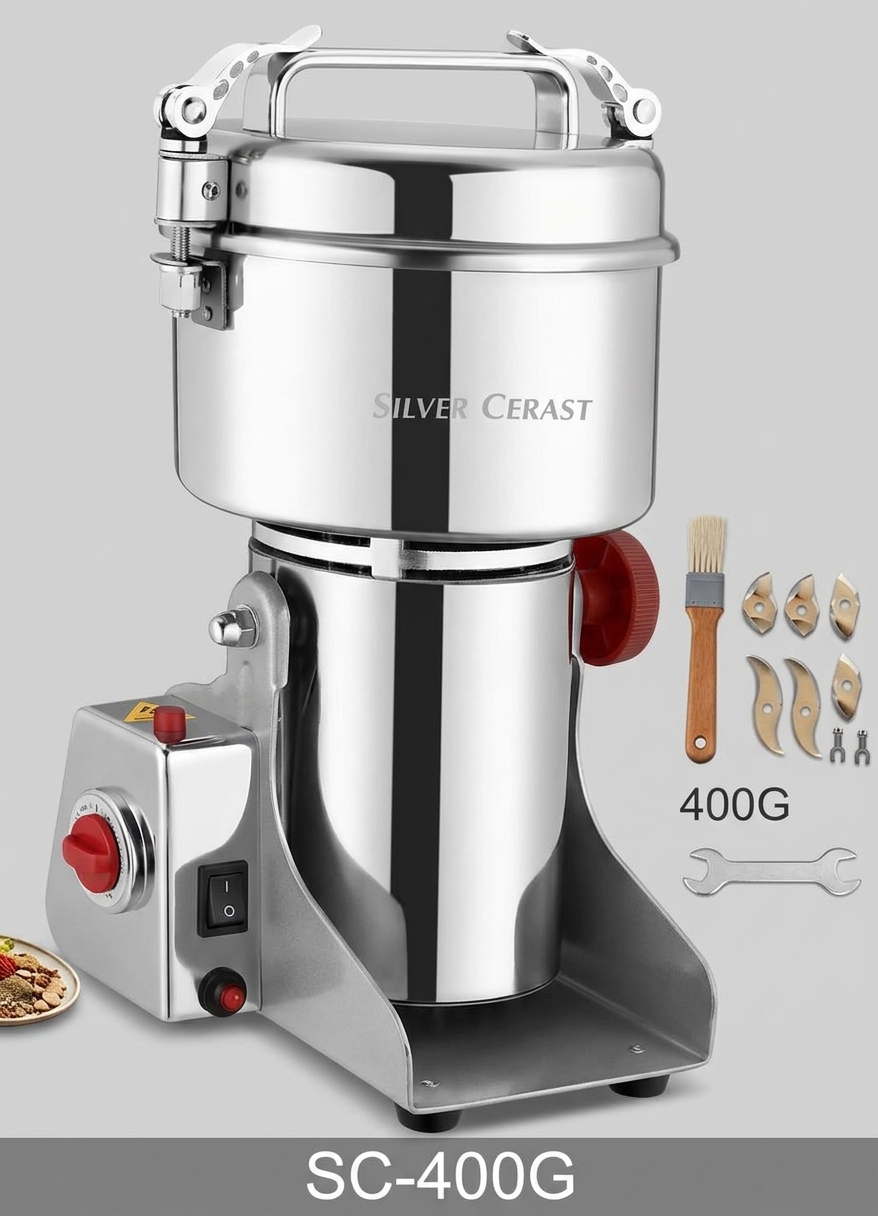 : آسیاب صنعتی سیلور کراست تاج مدل SC-400G ظرفیت ۴۰۰ گرم رنگ استیل Silver Cerast Taj Industrial Grinder SC-400G 400g Stainless Steel