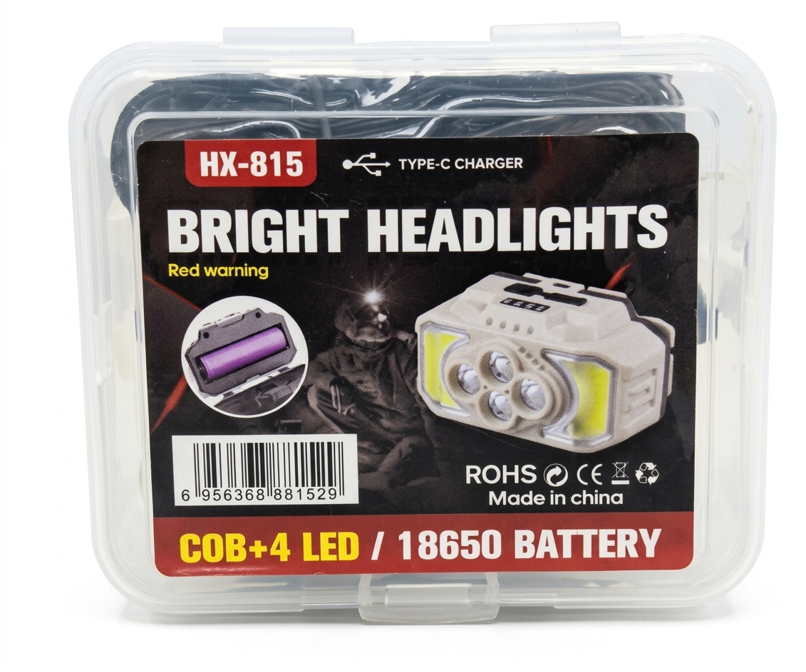 چراغ پیشانی (هدلایت) شارژی مدل HX-815 مجهز به تکنولوژی COB و ۴ عدد LED