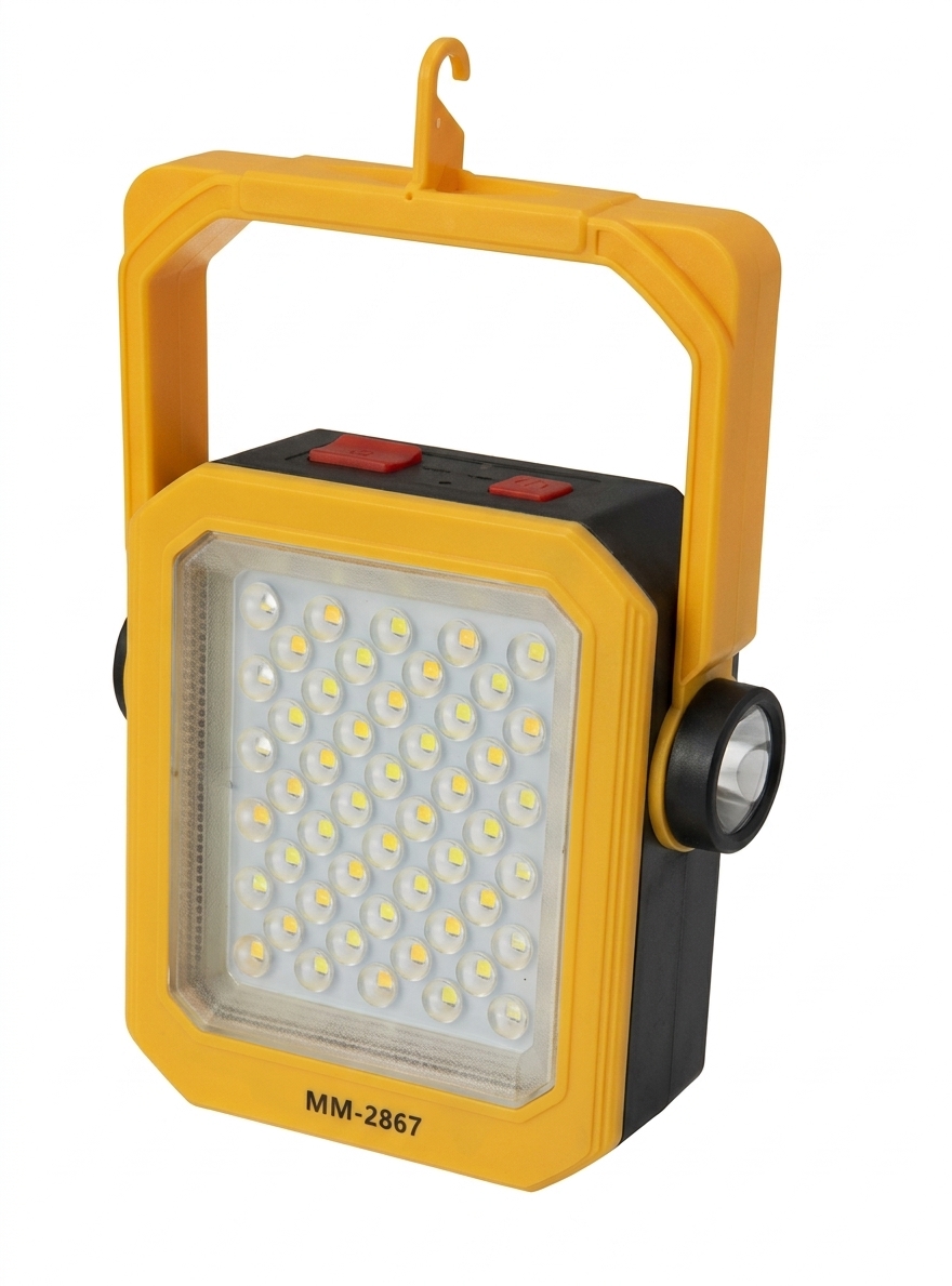 چراغ اضطراری و نورافکن شارژی مدل MM-2867 با پنل LED پرقدرت و قلاب آویز