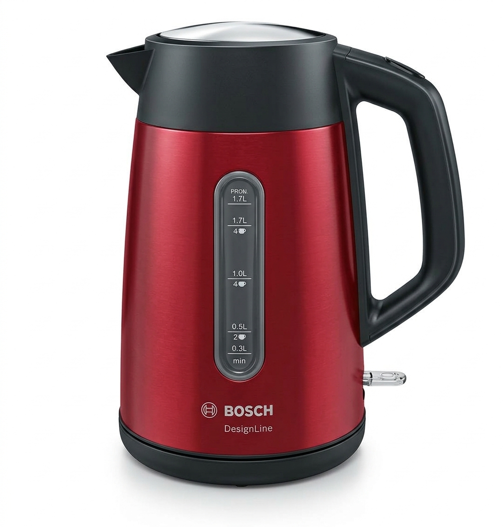 کتری برقی (کتری برقی) برند BOSCH سری DesignLine، توان ۳۰۰۰ وات، ظرفیت ۱.۷ لیتر، رنگ قرمز متالیک ‌