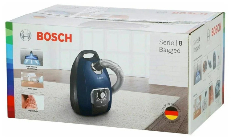 جاروبرقی ساکدار برند BOSCH (بوش) سری ۸، توان بالا و عملکرد کمصدا، آبی تیره