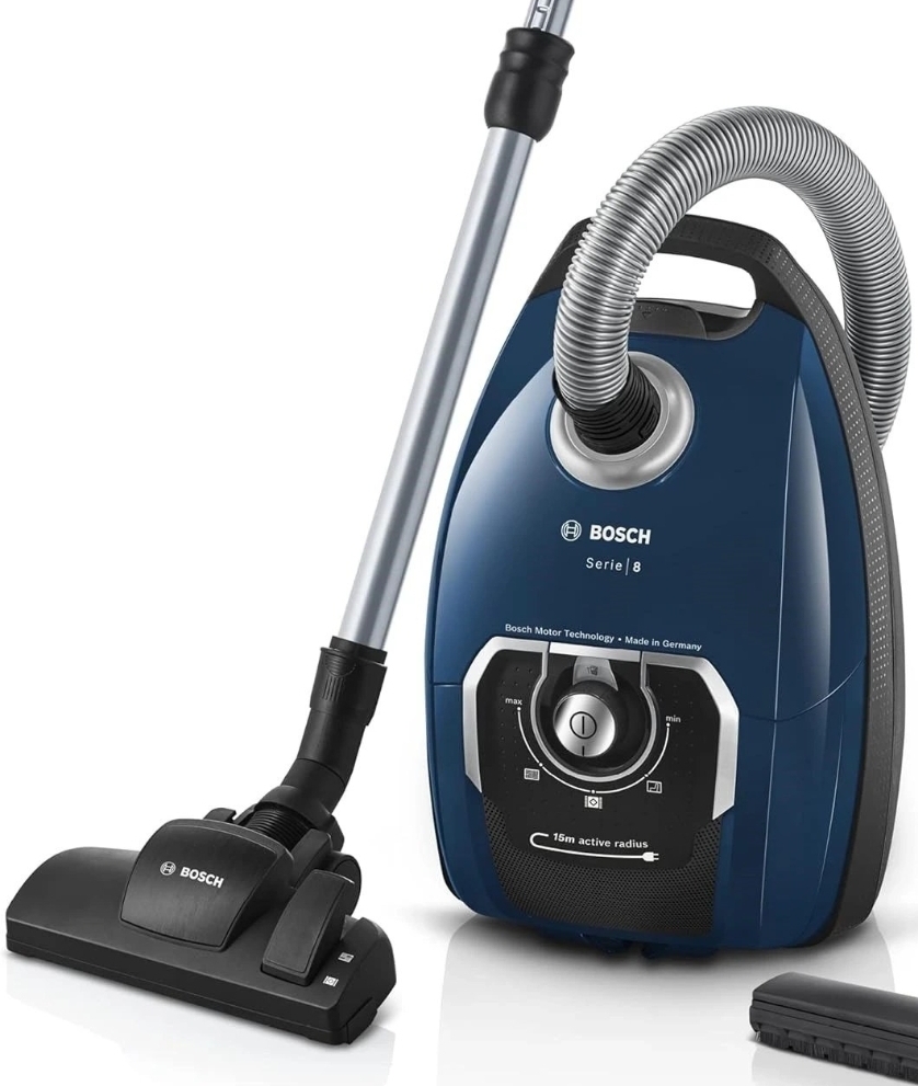 جاروبرقی ساک‌دار برند BOSCH (بوش) سری ۸، توان بالا و عملکرد کم‌صدا، آبی تیره