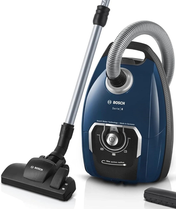 جاروبرقی ساکدار برند BOSCH (بوش) سری ۸، توان بالا و عملکرد کمصدا، آبی تیره